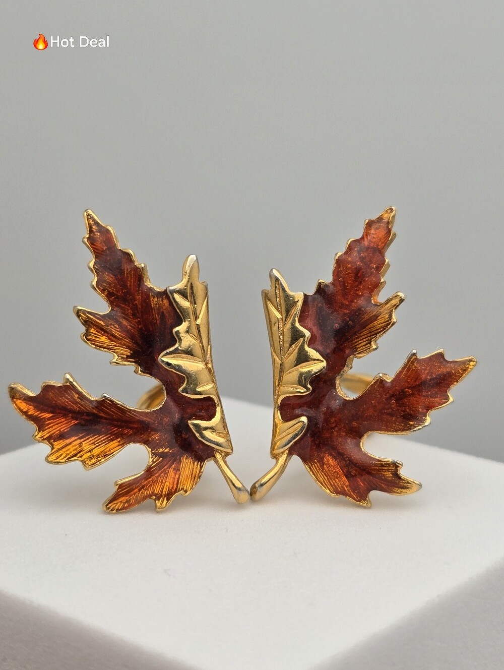 Vintage Canada Maple Leaf Clip On Earrings Red Orange Enamel Gold Tone 1 1/8"